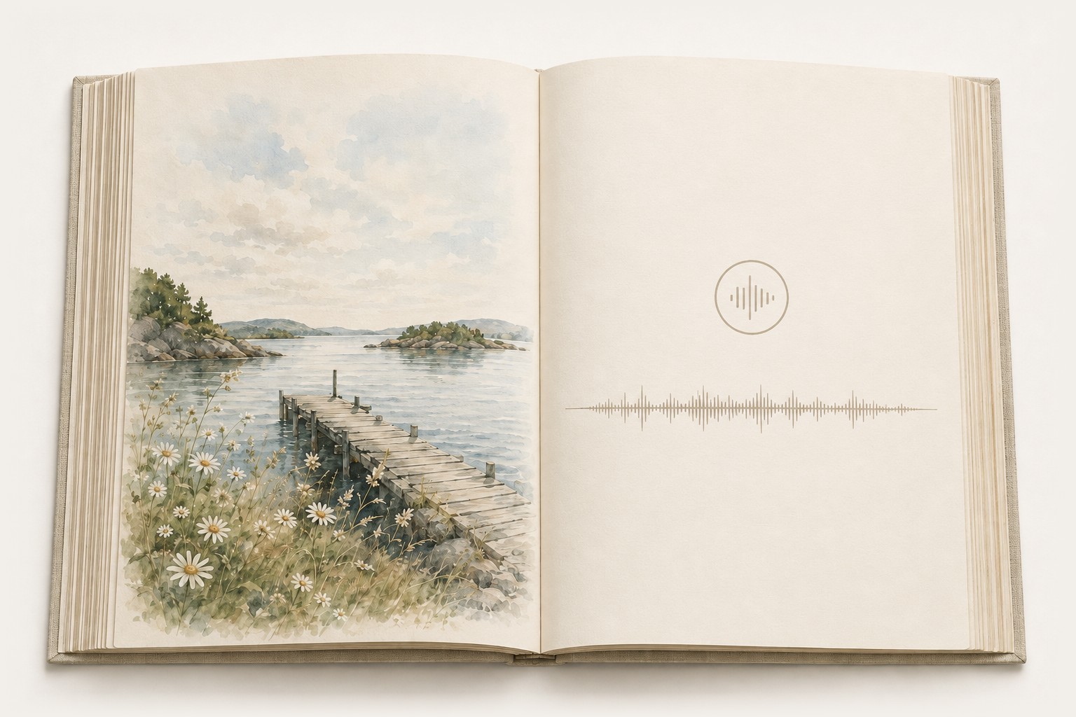Åpen minnebok — akvarell av en brygge ved fjorden på venstre side, og et portrett av Mormor Ingrid med en lydbølge på høyre side.